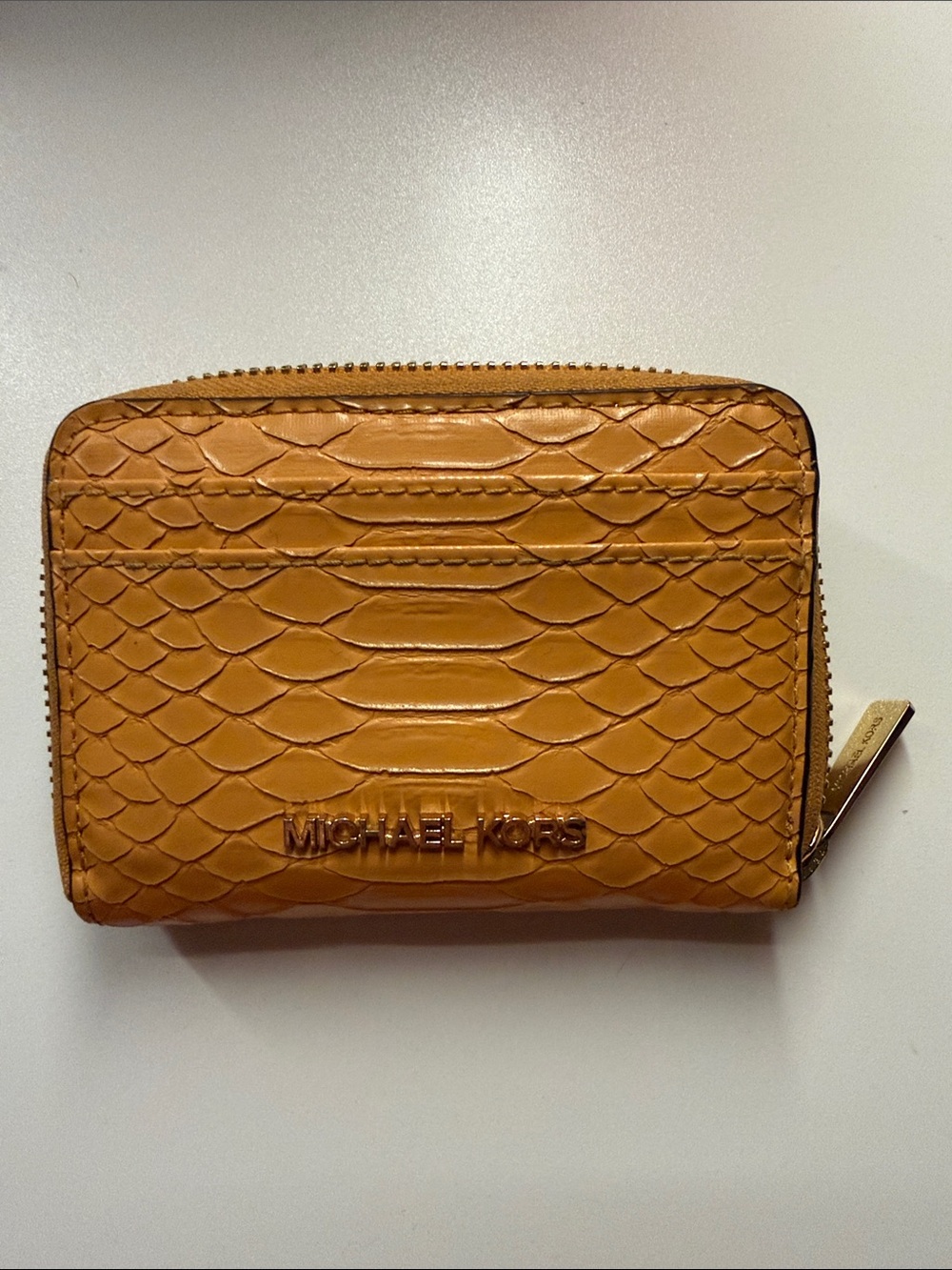 Michael Kors Orange Textured Zip Card Wallet